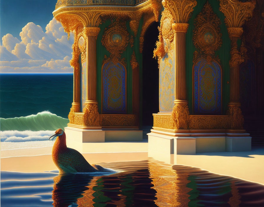 Golden palace balcony with peacock overlooking serene sea