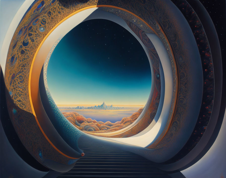 Circular surreal portal reveals serene mountain landscape under starry sky