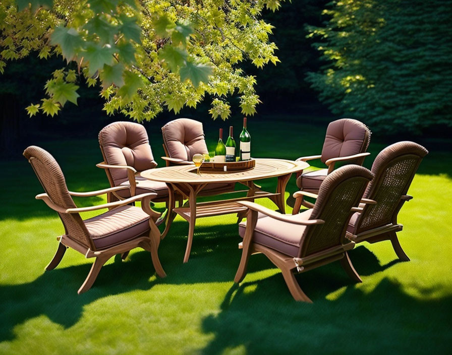 Round outdoor dining set with cushioned chairs and wine bottle in sunny garden