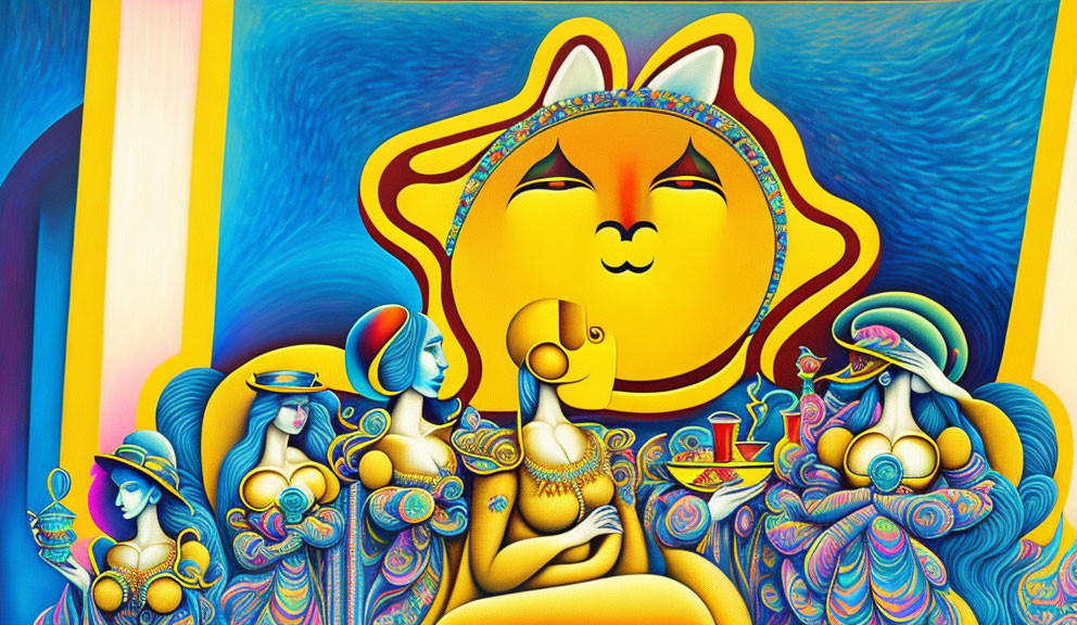 Vibrant Psychedelic Human Figures with Cat-Like Sun Face