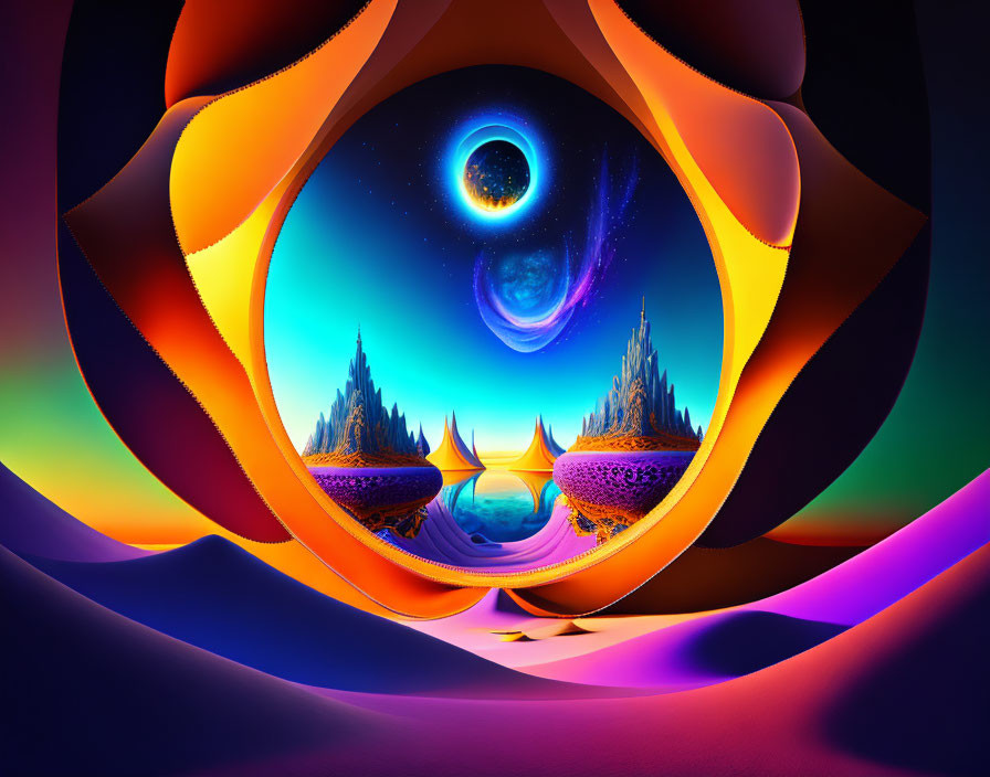 Surreal landscape with circular portal, cosmic scene, alien spires