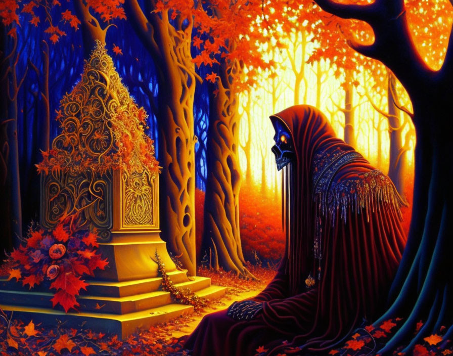 Cloaked figure kneeling at golden shrine in autumn woodland