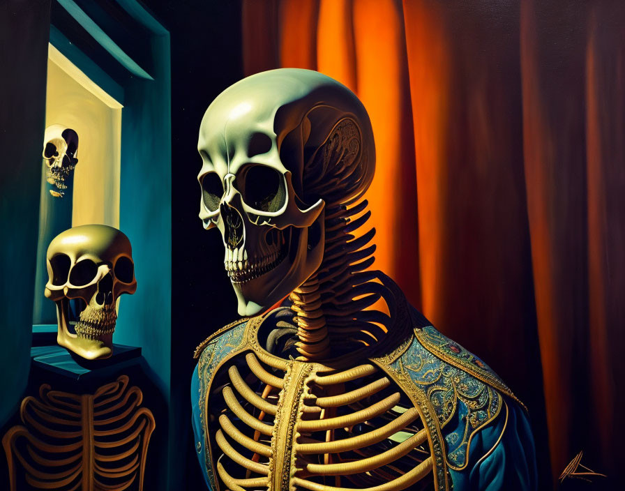 Surreal painting: Skeleton in jacket gazes at mirror reflection