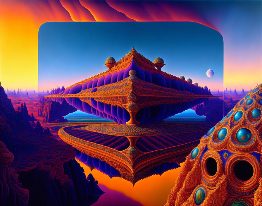 Futuristic landscape with layered structure above surreal terrain