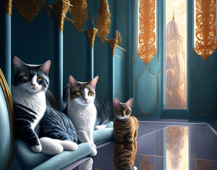 Luxurious room with three cats, golden curtains, minaret view, glossy floor