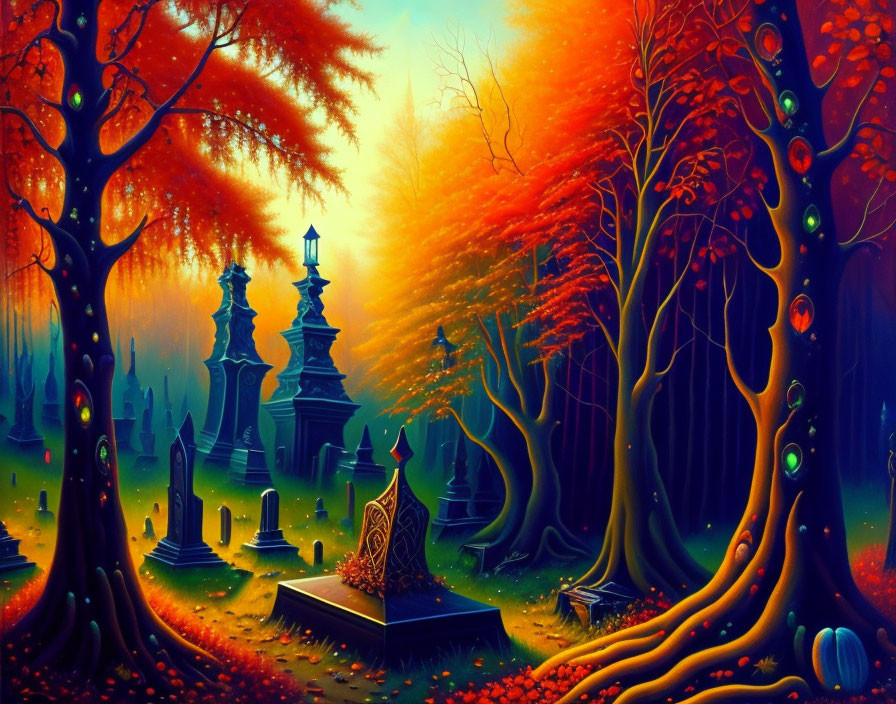 Colorful Fantasy Cemetery Scene with Glowing Orbs and Autumn Trees