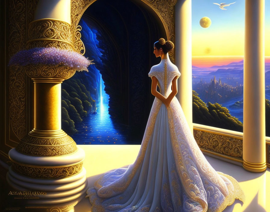 Woman in white gown gazes at fantasy landscape with starry sky and castle