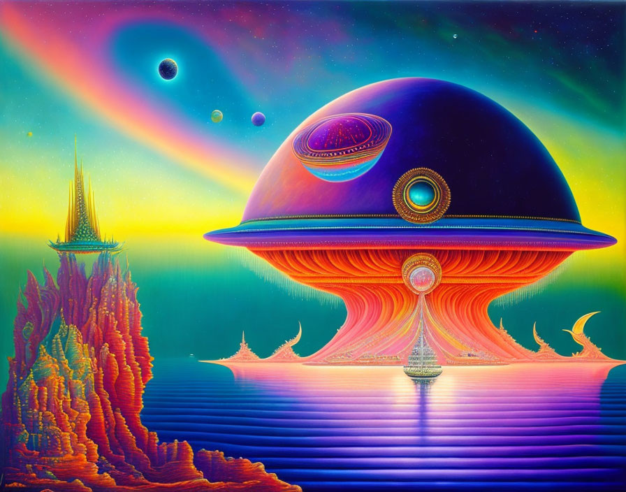 Colorful Psychedelic Landscape with Floating Dome and Alien Terrain