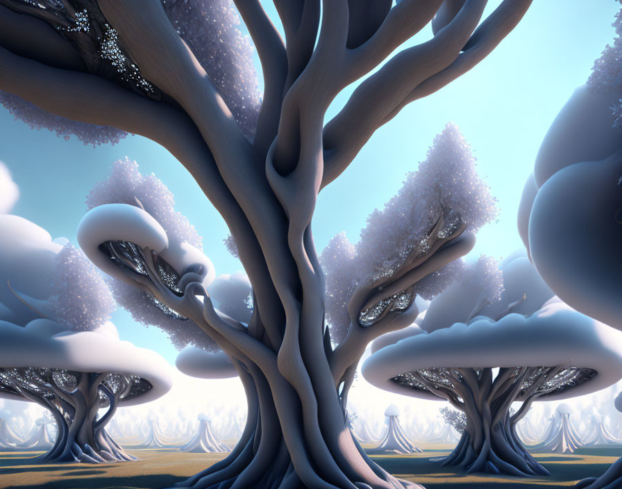 Fantasy surreal landscape with oversized, smooth-trunked trees and cloud-like canopies under a h