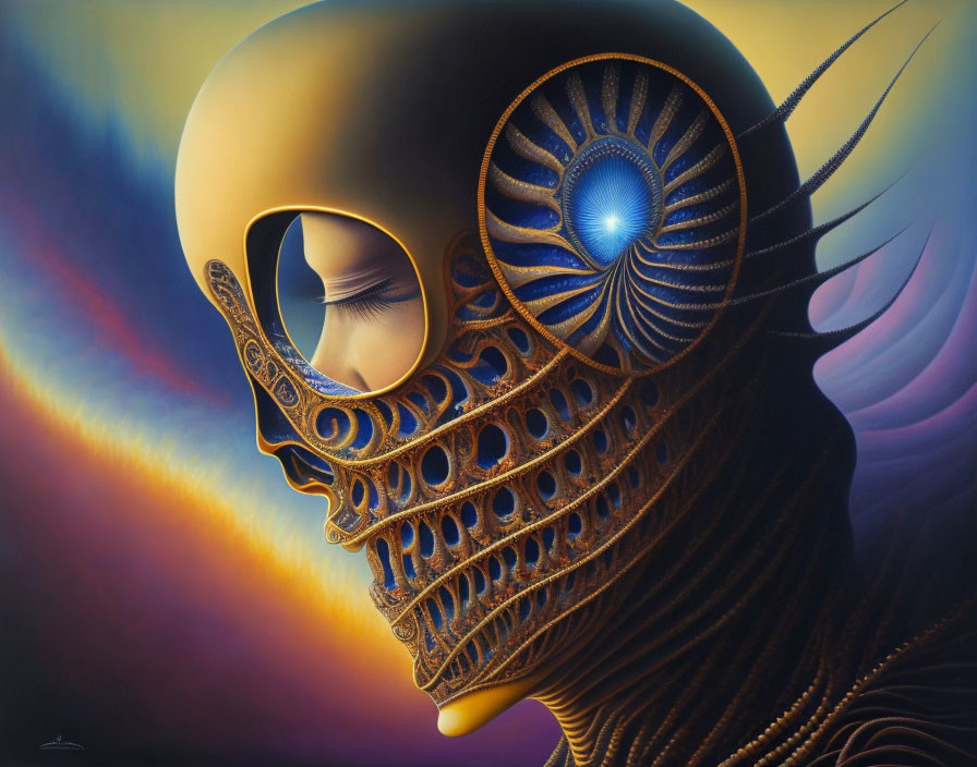 Surreal artwork: humanoid figure, golden skull, intricate patterns, blue eye, vibrant multicol