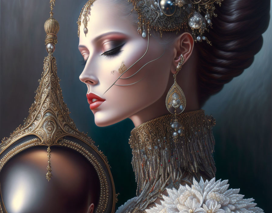 Regal woman portrait with ornate jewelry and elegant makeup