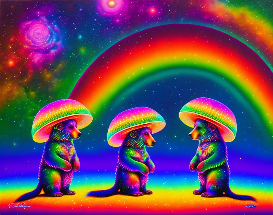 Colorful Psychedelic Bears Under Mushroom Hats in Cosmic Scene