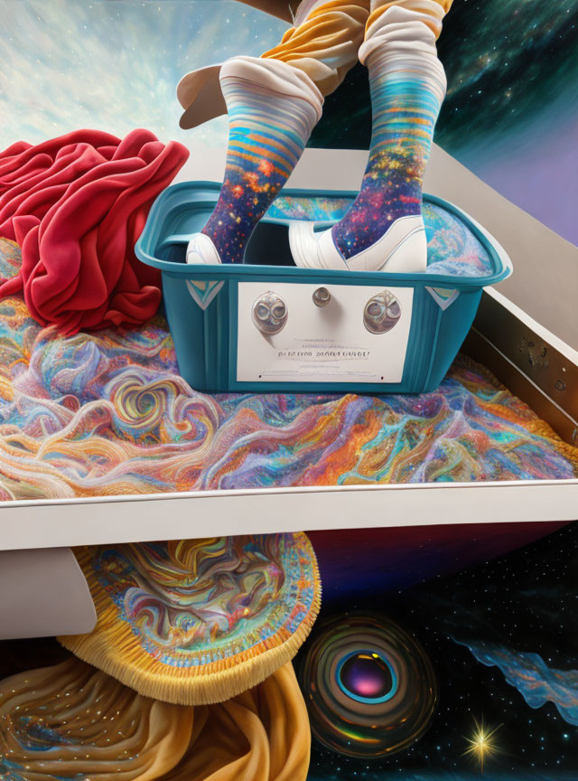 Colorful socks and galaxies in cosmic laundry scene