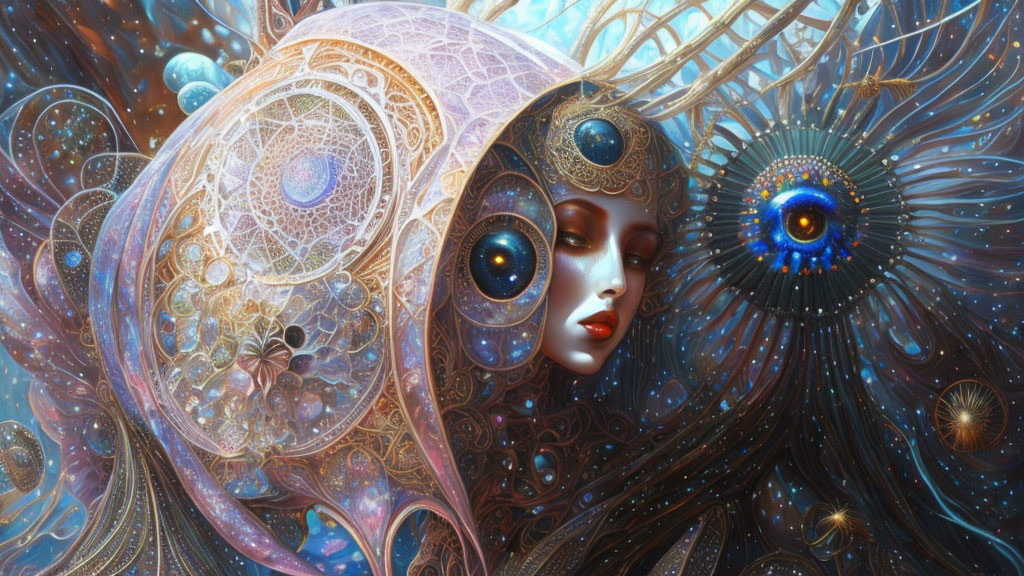 Cosmic-themed digital painting of a woman with intricate patterns and celestial orbs