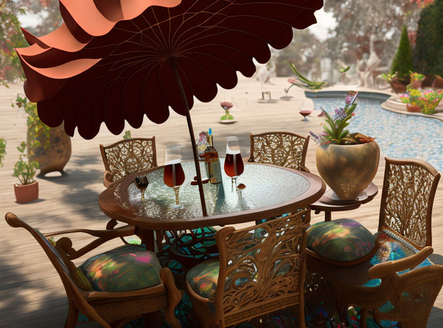 Glass Table, Red Umbrella, Wine Glasses & Chairs in Outdoor Dining Setup