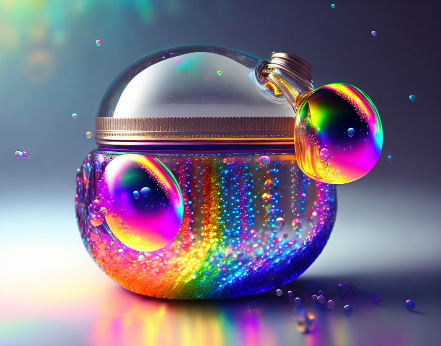 Colorful Digital Artwork: Glass Container with Rainbow Bubbles