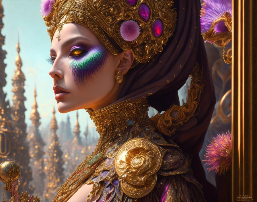 Elaborate Golden Attire and Purple Eye Makeup on Regal Figure