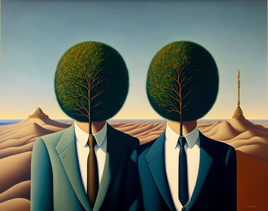 Surreal figures with tree crowns in suits in desert landscape