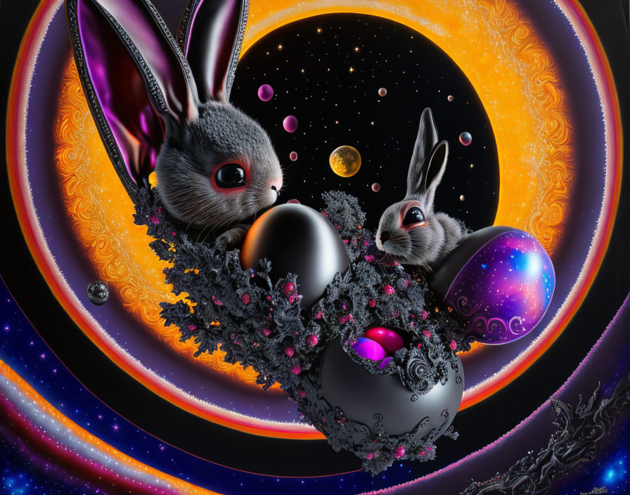 Surreal artwork of cosmic bunnies with ornate egg in celestial setting