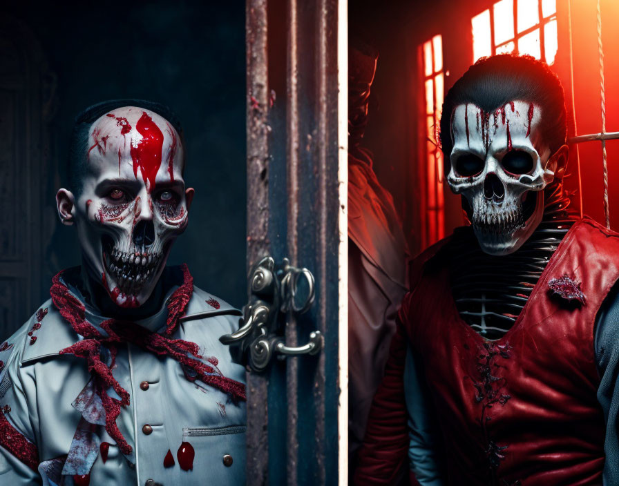 Menacing individuals in skull makeup and bloody costumes at barred window