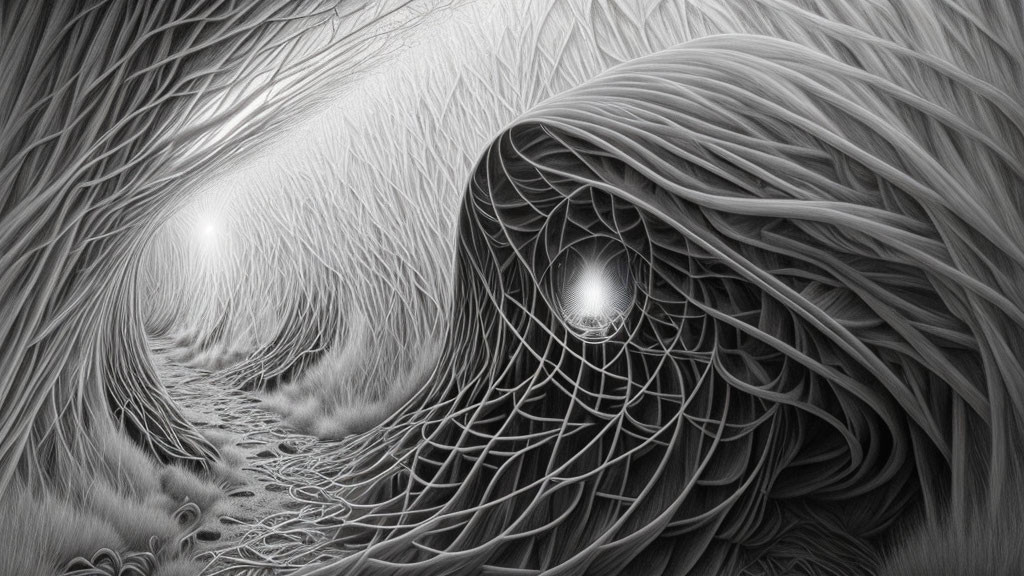 Monochromatic surreal tunnel with swirling patterns and tendrils