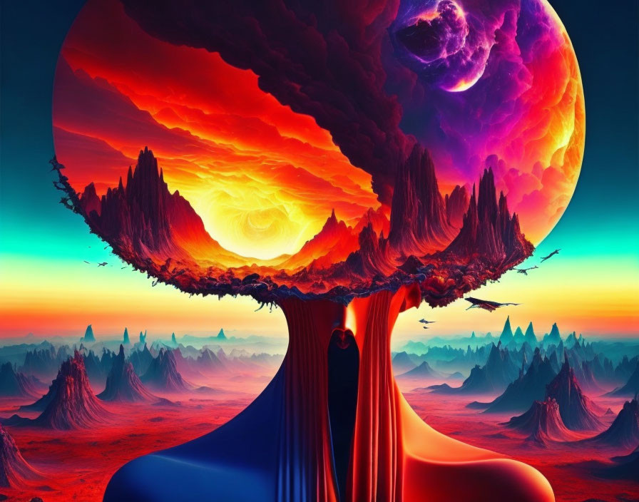 Colorful Digital Artwork of Fantastical Landscape with Massive Tree and Celestial Bodies