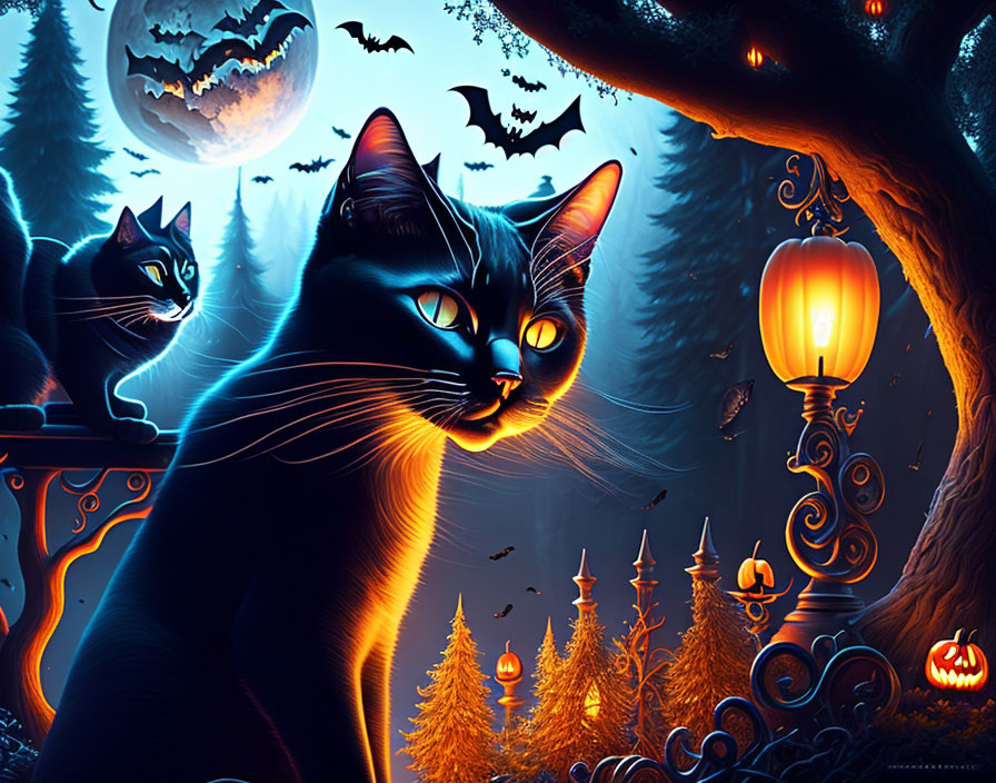 Illustration of two cats in spooky Halloween scene