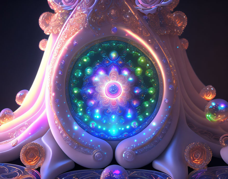 Luminescent fractal mandala with ornate details and floating orbs