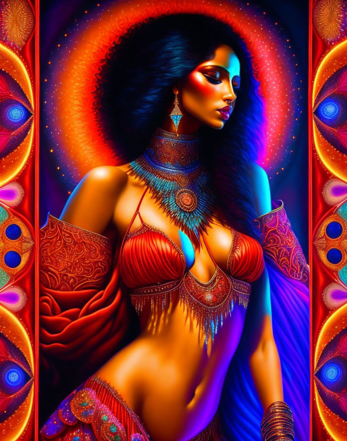 Colorful digital artwork of a woman in blue and red hues with gold jewelry on a luminous backdrop