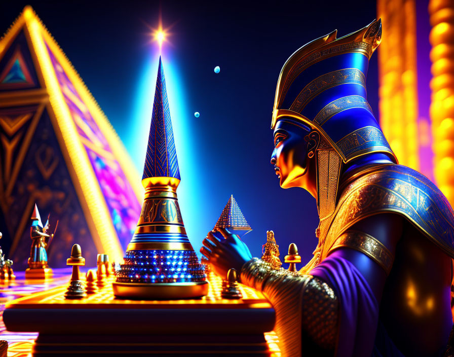 Egyptian-themed digital illustration of pharaoh playing chess with glowing pieces.