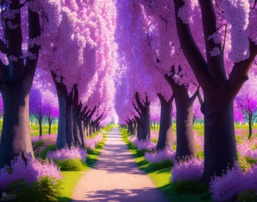 Tranquil Path Surrounded by Blooming Cherry Blossom Trees