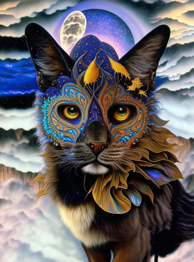 Colorful cat with cosmic face paint under surreal moonlit sky