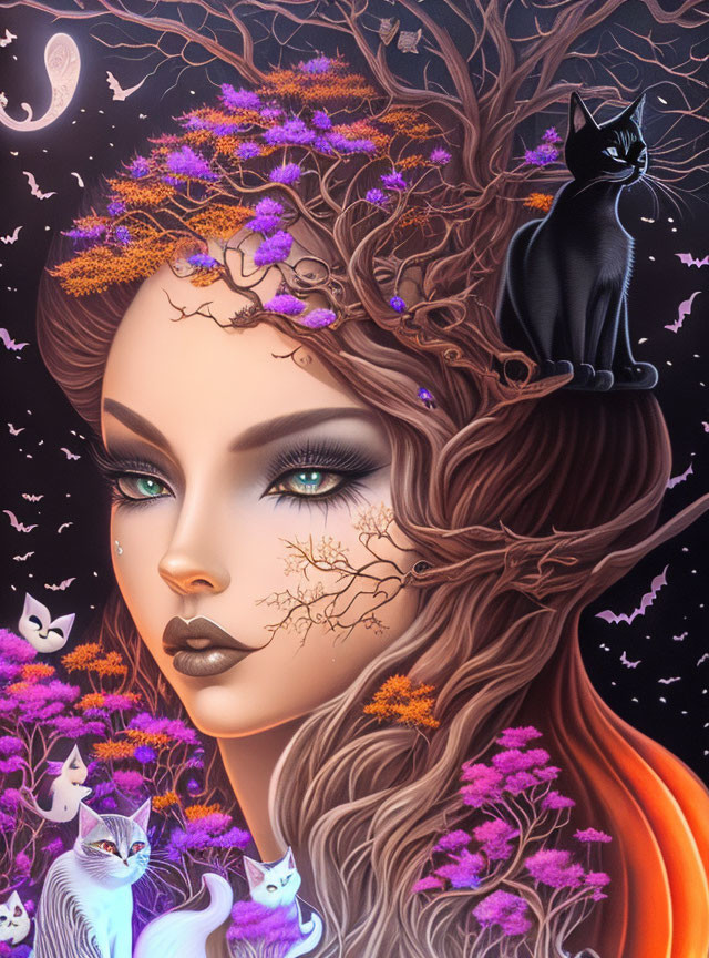 Woman with tree branches, autumn leaves, black cat, purple cats, and crescent moon.