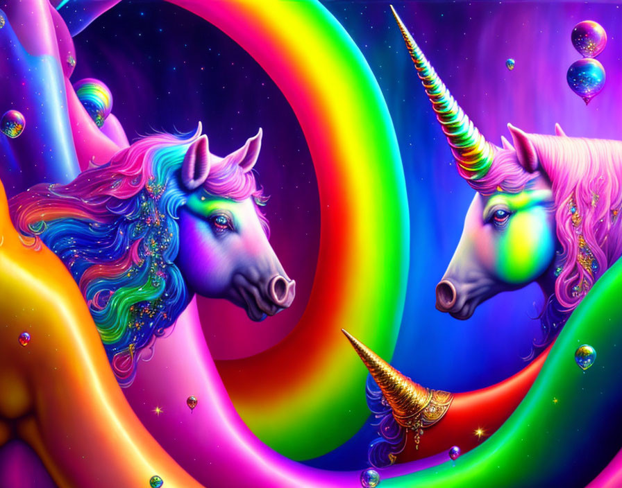 Colorful unicorns with rainbow manes in cosmic setting with bubbles