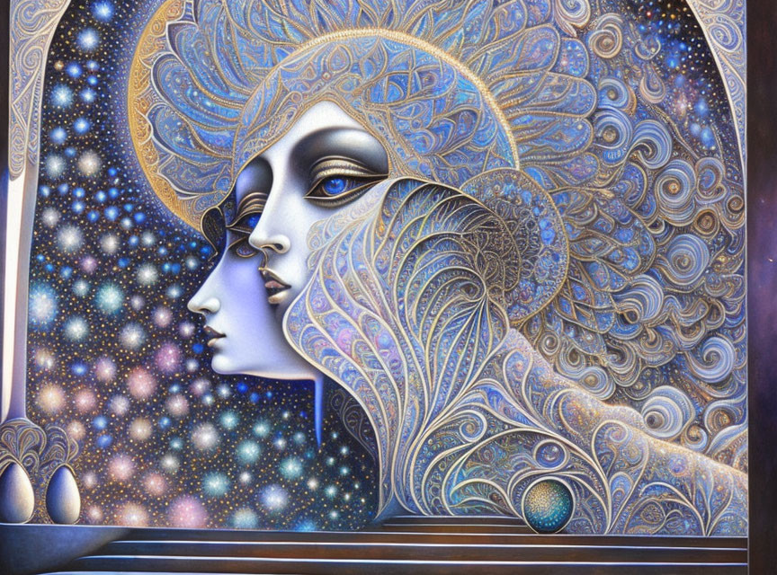 Surreal Artwork with Intertwined Faces and Celestial Motifs