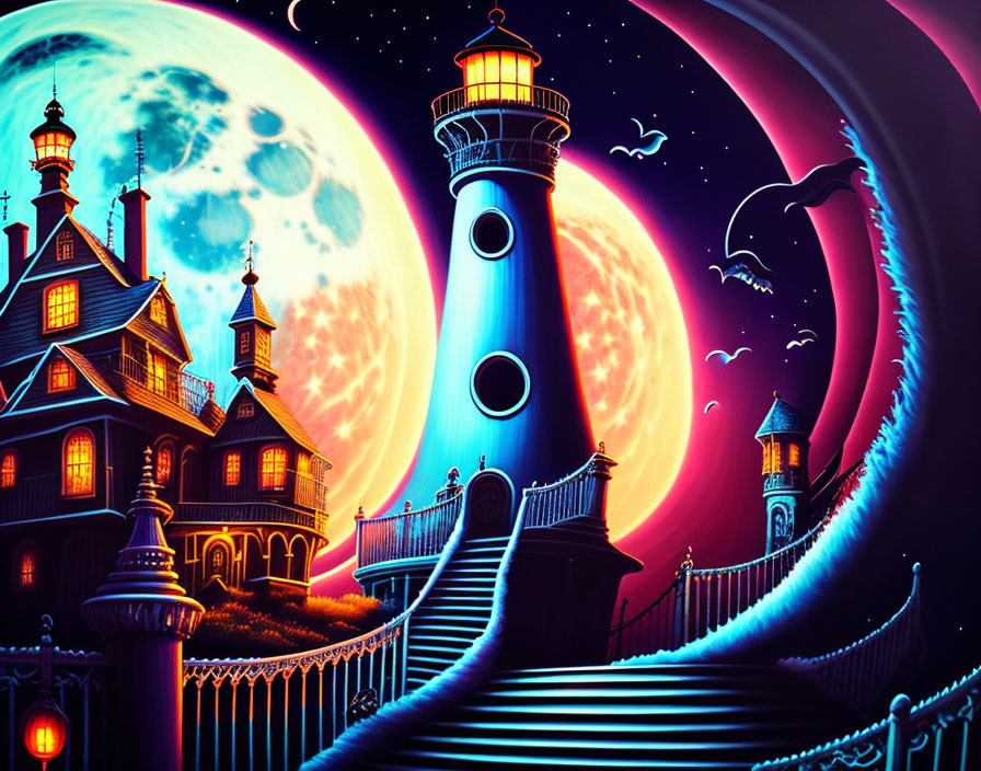 Surreal artwork: Lighthouse, Victorian house, full moon, cosmic elements