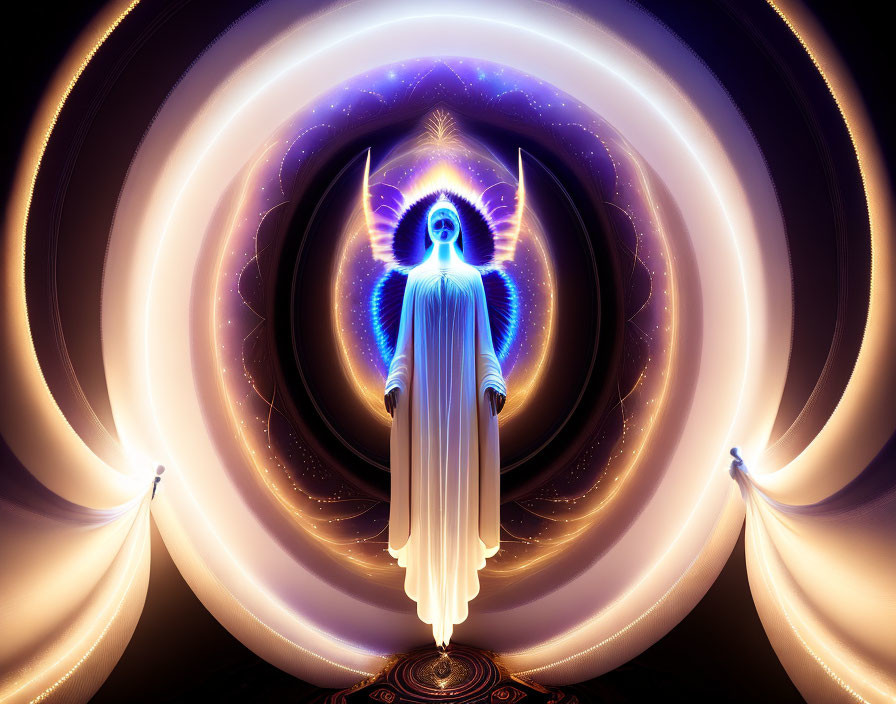 Luminous angelic figure with outstretched wings in radiant spiraling patterns