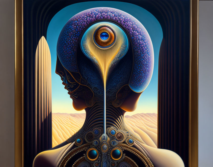 Profile portrait with ornate headpiece and eye in desert setting, surreal and futuristic style