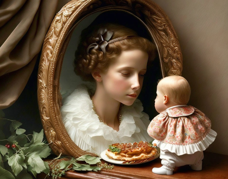 Young girl in white ruffled collar with mirror reflection and doll by cookies