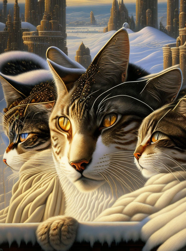 White Majestic Cats with Regal Crowns in Fantasy Setting