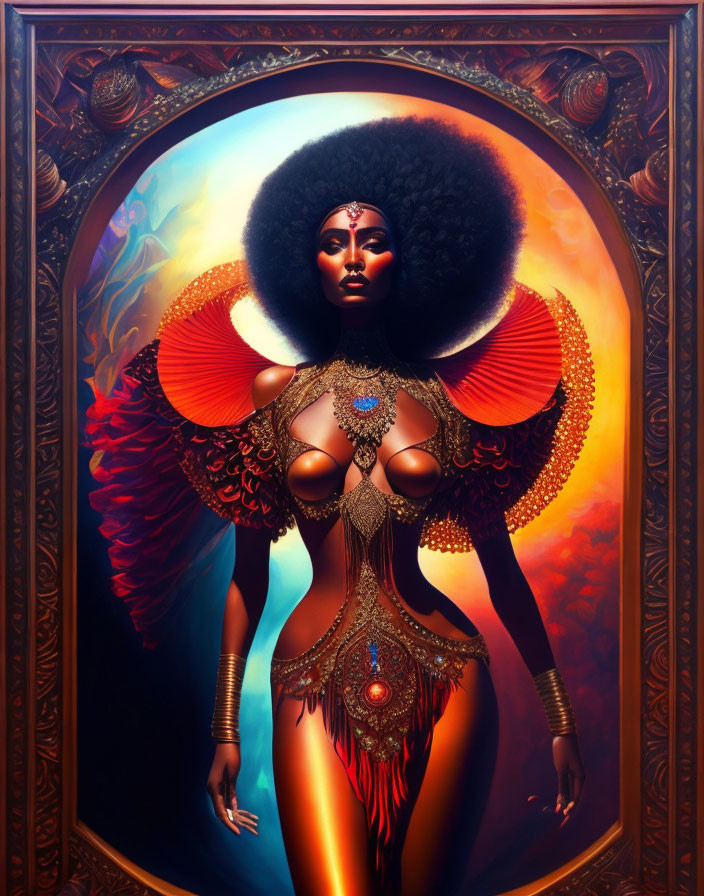 Stylized portrait of woman with afro in ornate gold and red attire