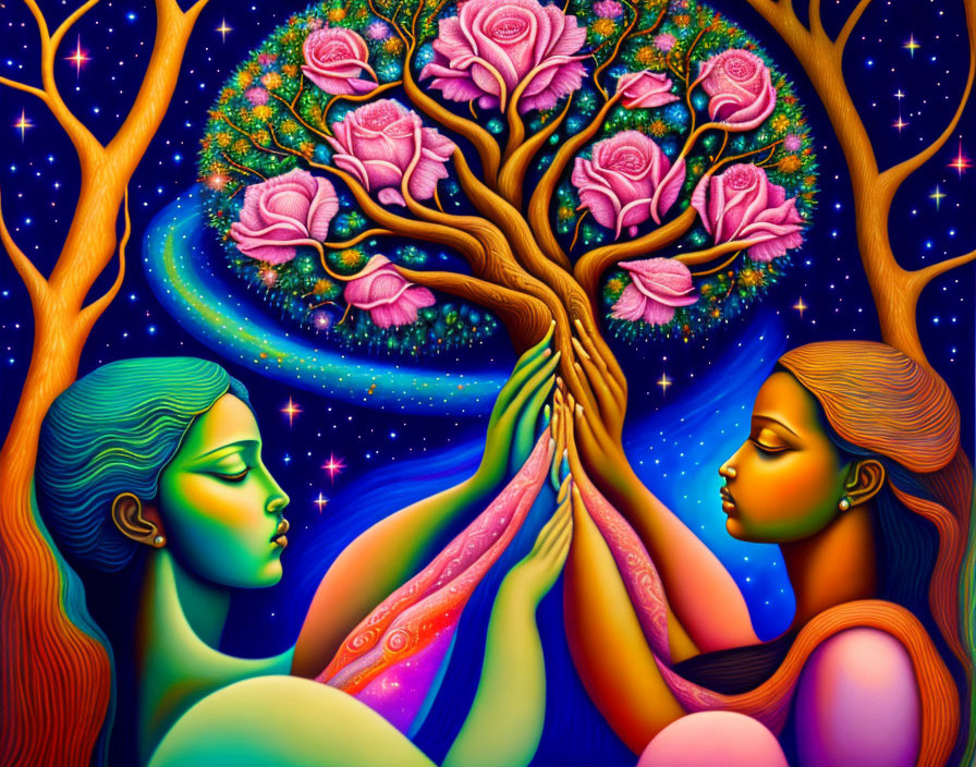 Colorful artwork of two women with blooming tree against starry sky