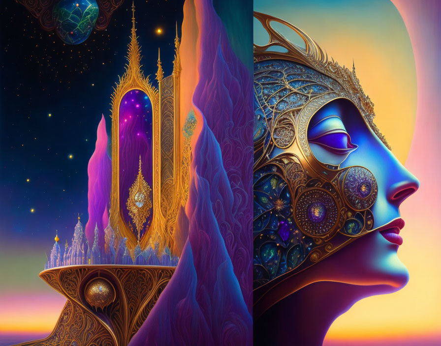 Split-image of mystical cityscape and woman with elaborate headgear against cosmic backdrop