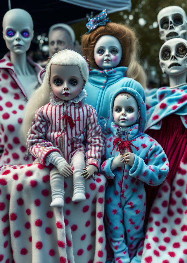 Collection of eerie dolls in clown and skeleton costumes with haunting expressions