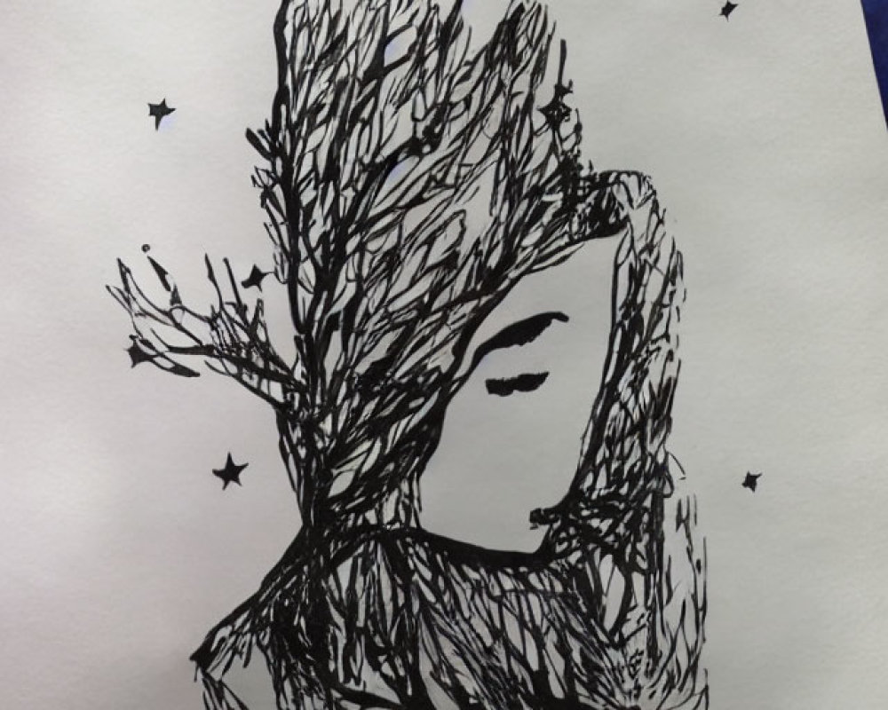 Sketched profile merged with tree branches on starry background