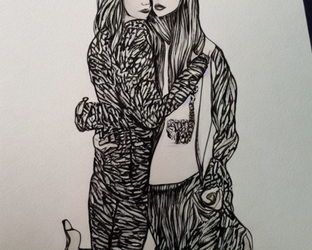 Sketched female figures embracing with detailed hair and clothing by Sonnwie Sonne