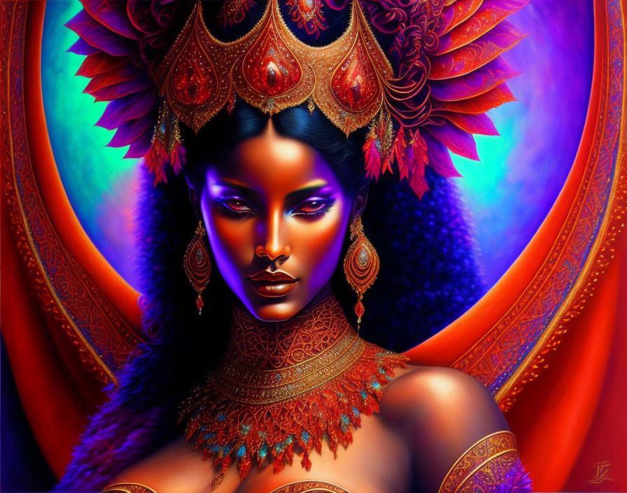 Digital artwork: Woman with red and gold headgear, ornate jewelry, captivating eyes on blue and