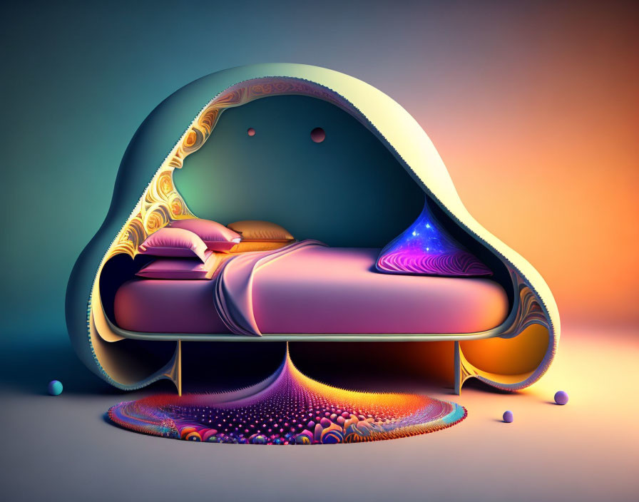 Vibrant surreal digital artwork: Colorful bedroom with galaxy in shell.