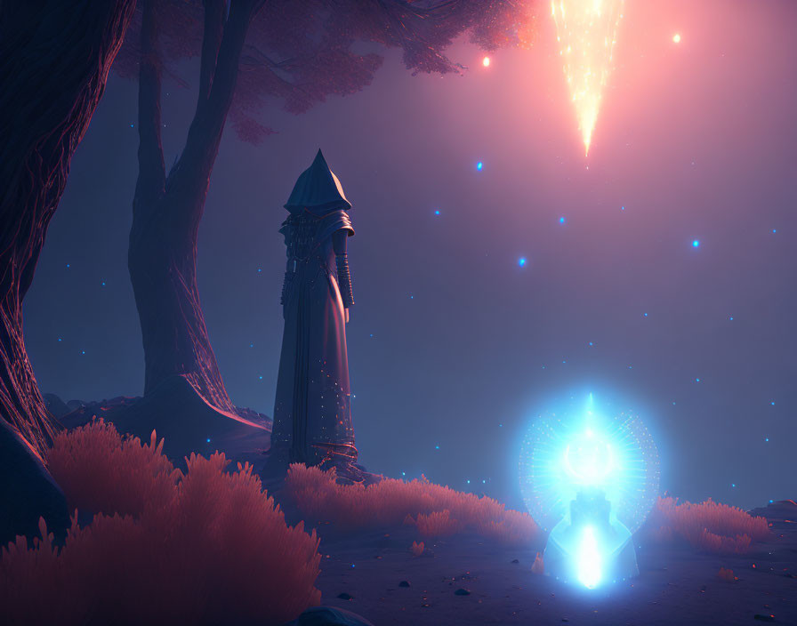 Mystical landscape with wizard tower, glowing orb, stars, and comet