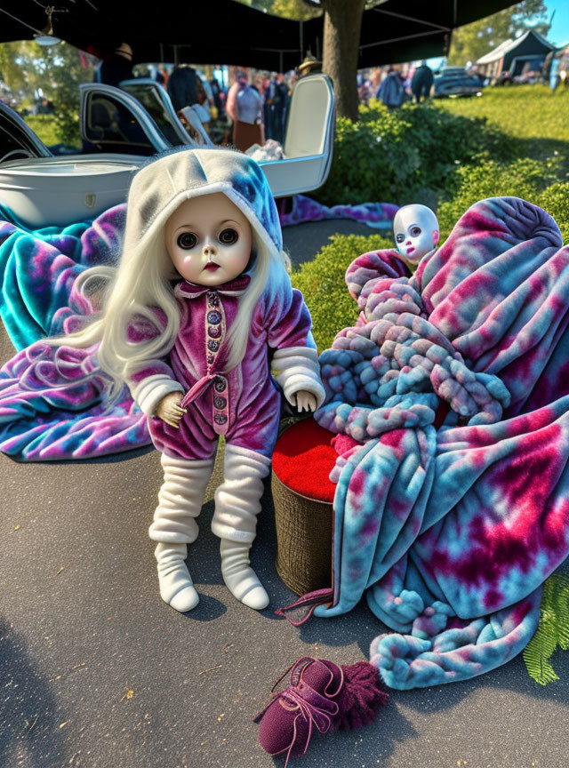 Vintage cars backdrop a doll in purple outfit with large eyes, beside a cozy blanket.